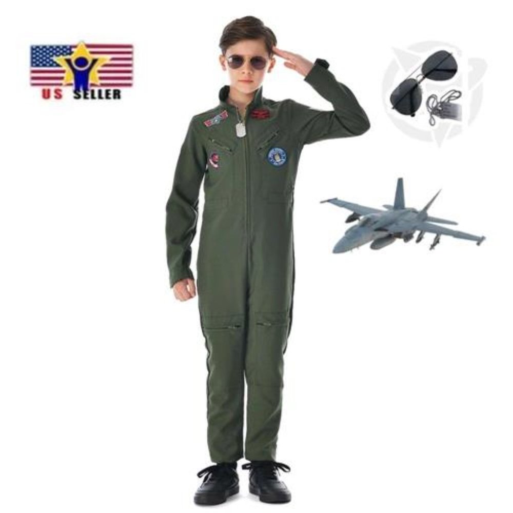 Top Gun Costume Kids Child Maverick Flight Jump Suit Union Green Pilot Cosplay